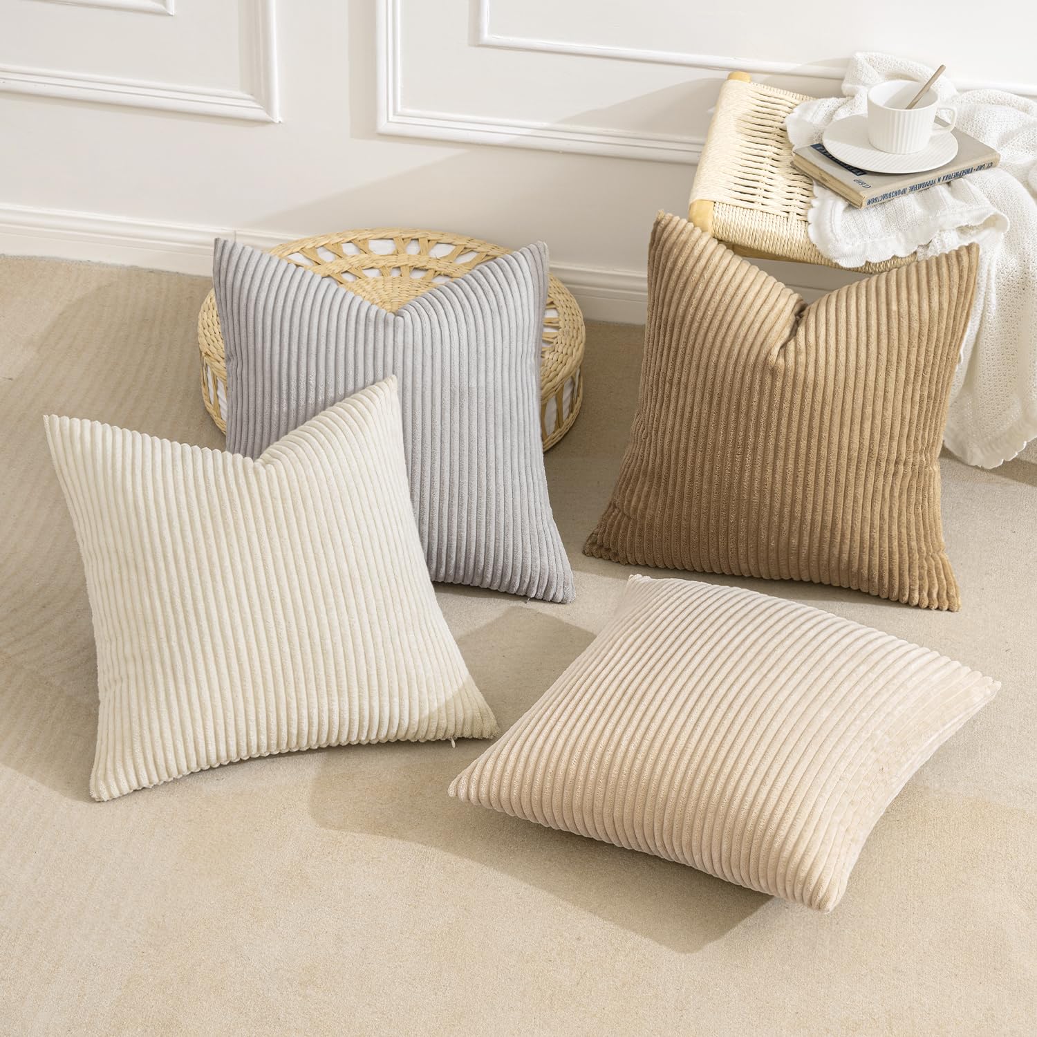MIULEE Summer Boho Farmhouse Sage Green Throw Pillow Covers 18x18 Inch Set of 4 Mordern Nordic Cushion Covers Soft Corduroy Home Decor for Couch Bed Sofa Living Room Forest Green