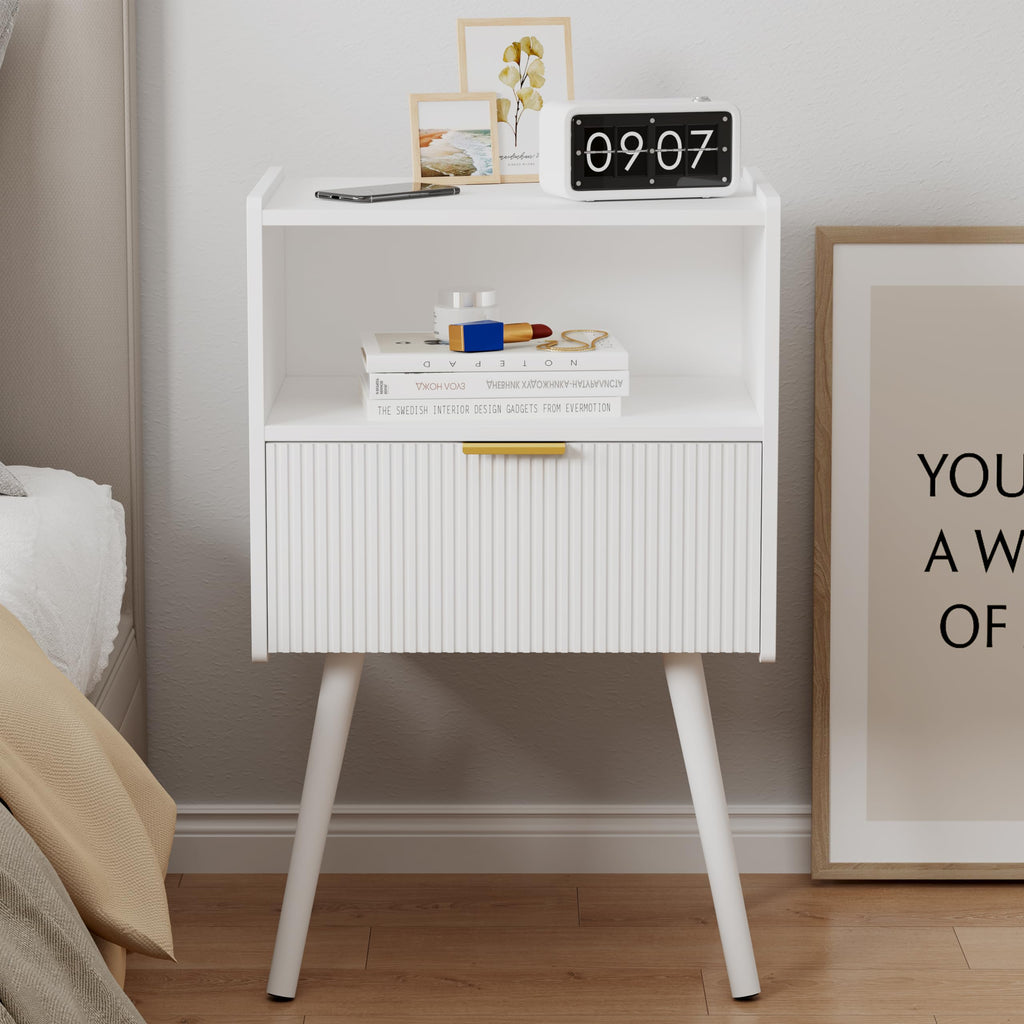 White Nightstand,Modern Bedside Table with Storage Drawer and Open Wood Shelf, for Living Room, Bedroom and Small Spaces, Accent Night Stand with Solid Wood Legs, Easy Assembly,Classic White