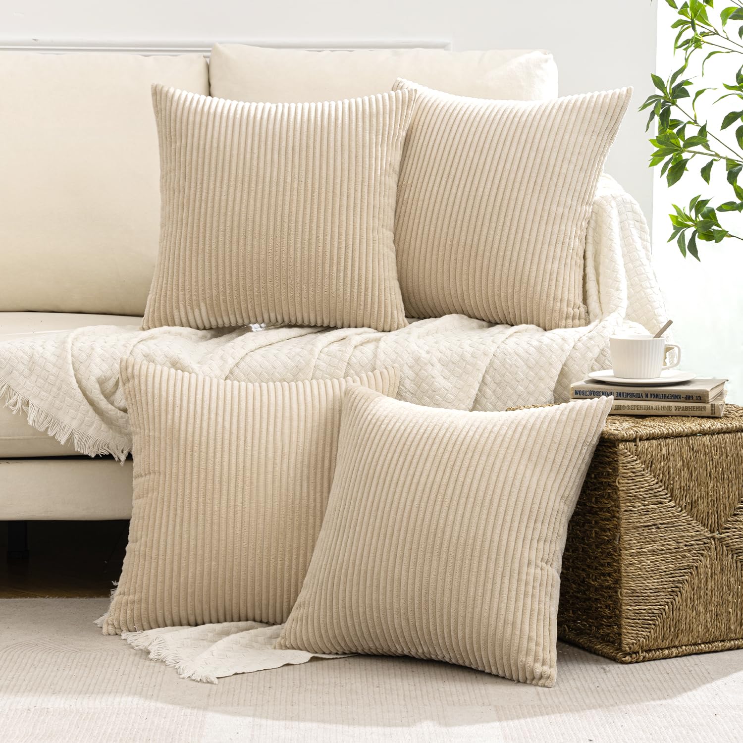 MIULEE Summer Boho Farmhouse Sage Green Throw Pillow Covers 18x18 Inch Set of 4 Mordern Nordic Cushion Covers Soft Corduroy Home Decor for Couch Bed Sofa Living Room Forest Green