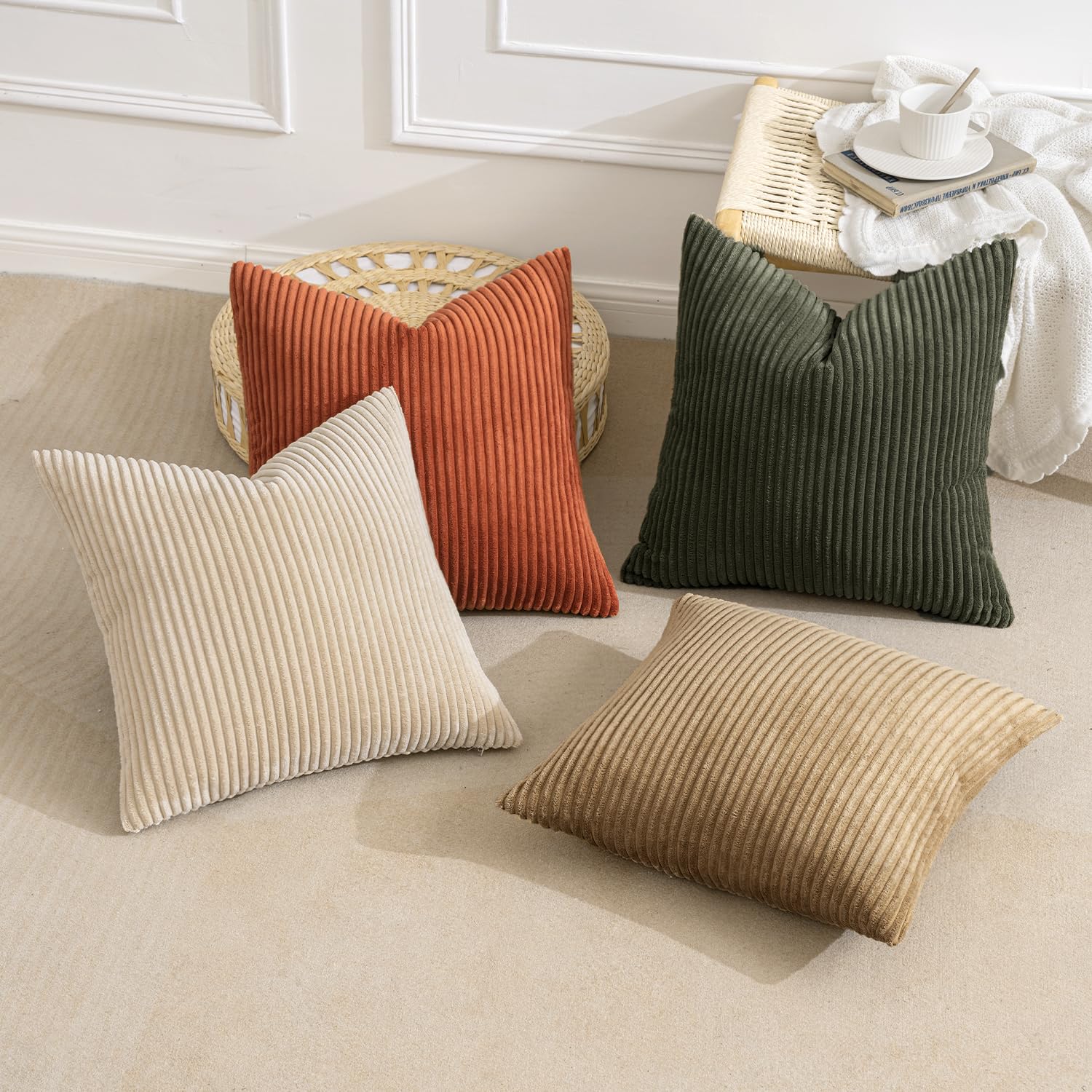 MIULEE Summer Boho Farmhouse Sage Green Throw Pillow Covers 18x18 Inch Set of 4 Mordern Nordic Cushion Covers Soft Corduroy Home Decor for Couch Bed Sofa Living Room Forest Green
