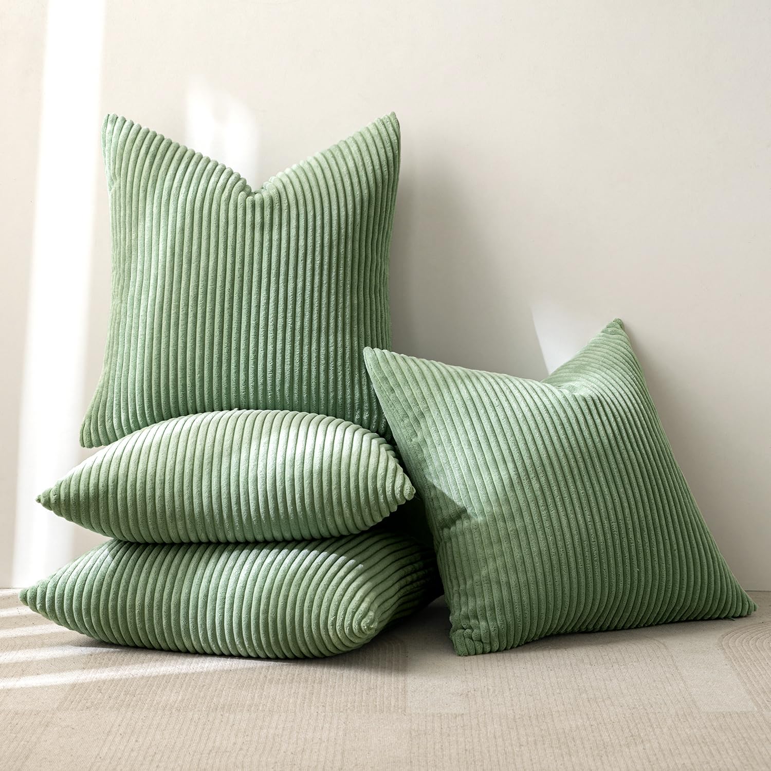 MIULEE Summer Boho Farmhouse Sage Green Throw Pillow Covers 18x18 Inch Set of 4 Mordern Nordic Cushion Covers Soft Corduroy Home Decor for Couch Bed Sofa Living Room Forest Green