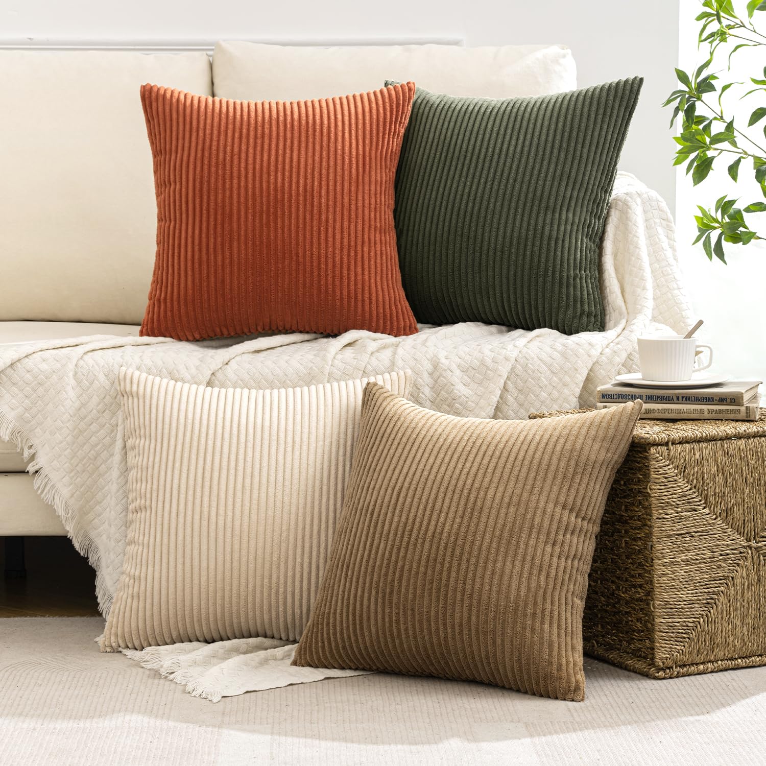 MIULEE Summer Boho Farmhouse Sage Green Throw Pillow Covers 18x18 Inch Set of 4 Mordern Nordic Cushion Covers Soft Corduroy Home Decor for Couch Bed Sofa Living Room Forest Green