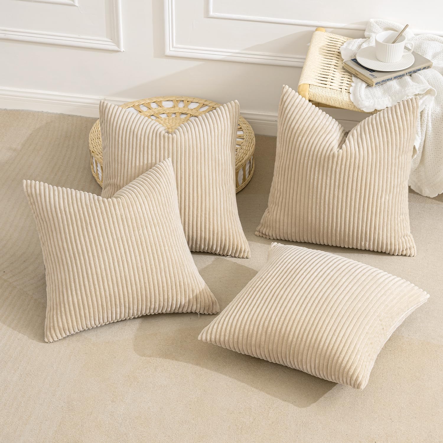 MIULEE Summer Boho Farmhouse Sage Green Throw Pillow Covers 18x18 Inch Set of 4 Mordern Nordic Cushion Covers Soft Corduroy Home Decor for Couch Bed Sofa Living Room Forest Green
