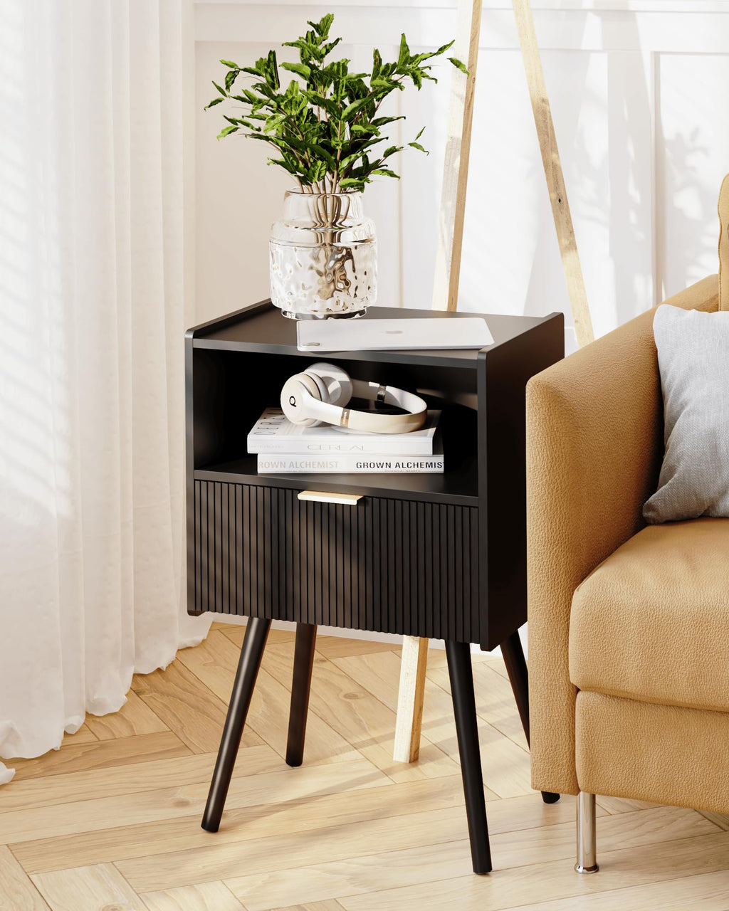 White Nightstand,Modern Bedside Table with Storage Drawer and Open Wood Shelf, for Living Room, Bedroom and Small Spaces, Accent Night Stand with Solid Wood Legs, Easy Assembly,Classic White