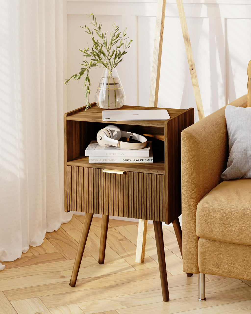 White Nightstand,Modern Bedside Table with Storage Drawer and Open Wood Shelf, for Living Room, Bedroom and Small Spaces, Accent Night Stand with Solid Wood Legs, Easy Assembly,Classic White