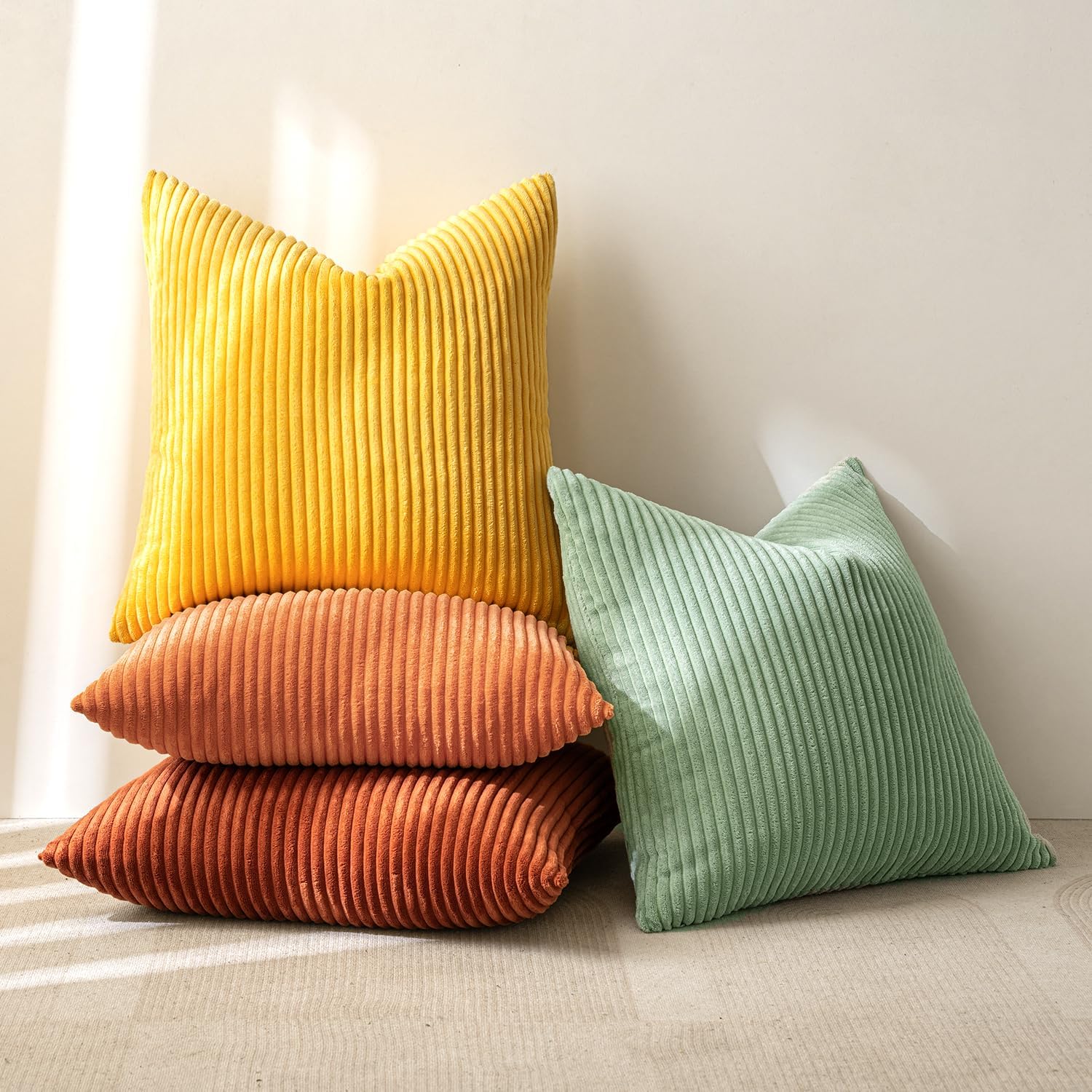 MIULEE Summer Boho Farmhouse Sage Green Throw Pillow Covers 18x18 Inch Set of 4 Mordern Nordic Cushion Covers Soft Corduroy Home Decor for Couch Bed Sofa Living Room Forest Green