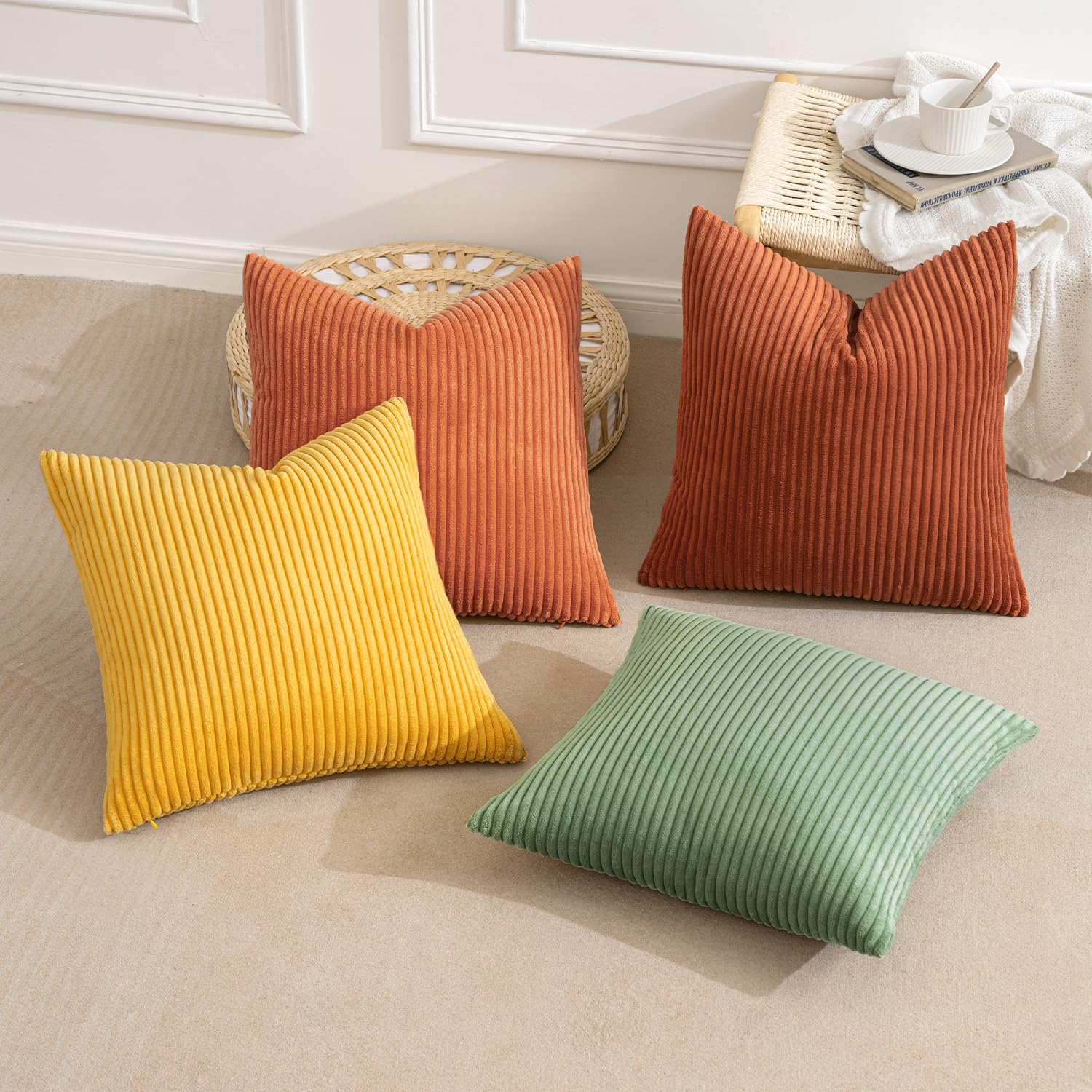 MIULEE Summer Boho Farmhouse Sage Green Throw Pillow Covers 18x18 Inch Set of 4 Mordern Nordic Cushion Covers Soft Corduroy Home Decor for Couch Bed Sofa Living Room Forest Green
