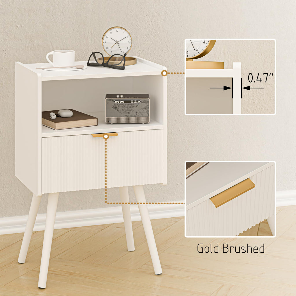 White Nightstand,Modern Bedside Table with Storage Drawer and Open Wood Shelf, for Living Room, Bedroom and Small Spaces, Accent Night Stand with Solid Wood Legs, Easy Assembly,Classic White
