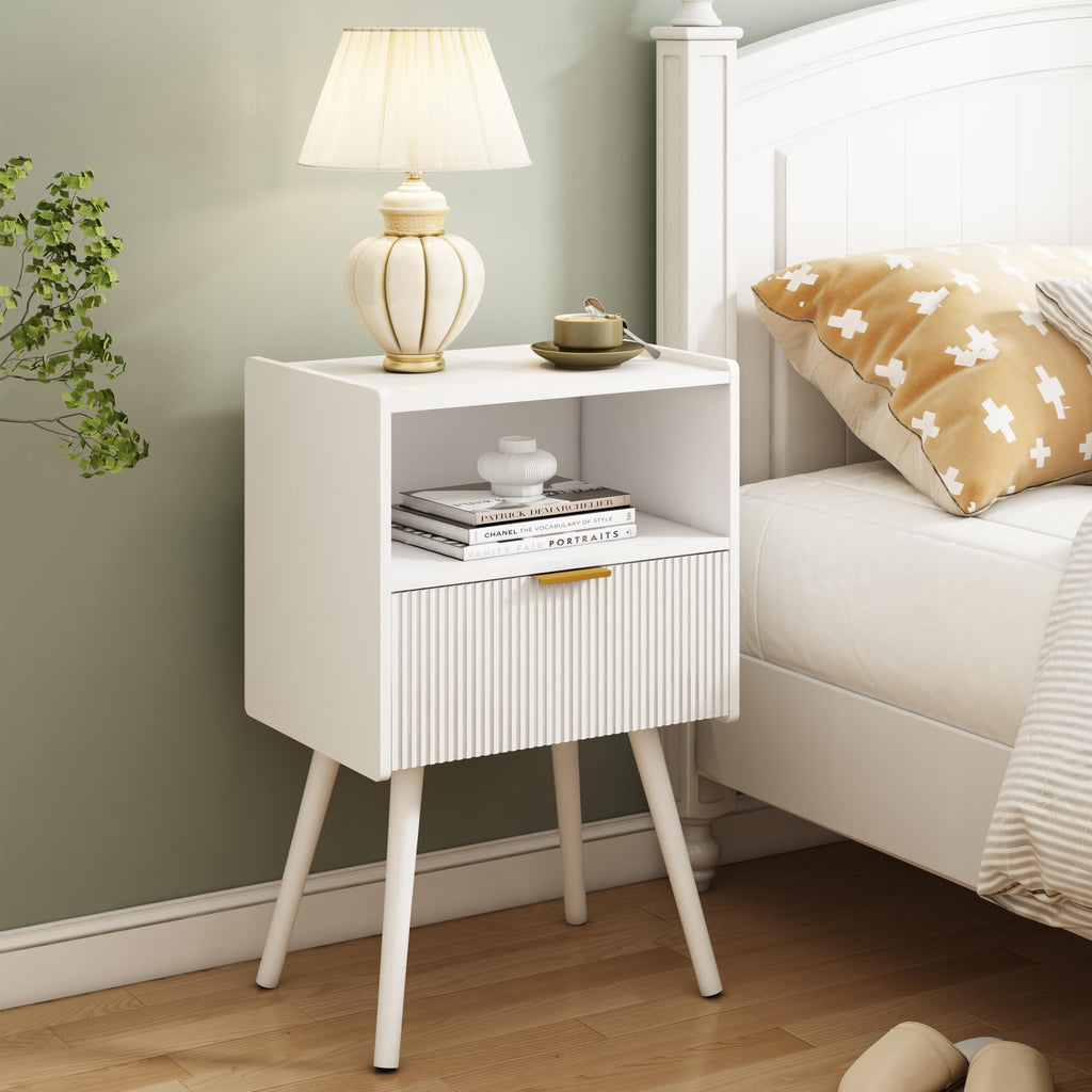 White Nightstand,Modern Bedside Table with Storage Drawer and Open Wood Shelf, for Living Room, Bedroom and Small Spaces, Accent Night Stand with Solid Wood Legs, Easy Assembly,Classic White