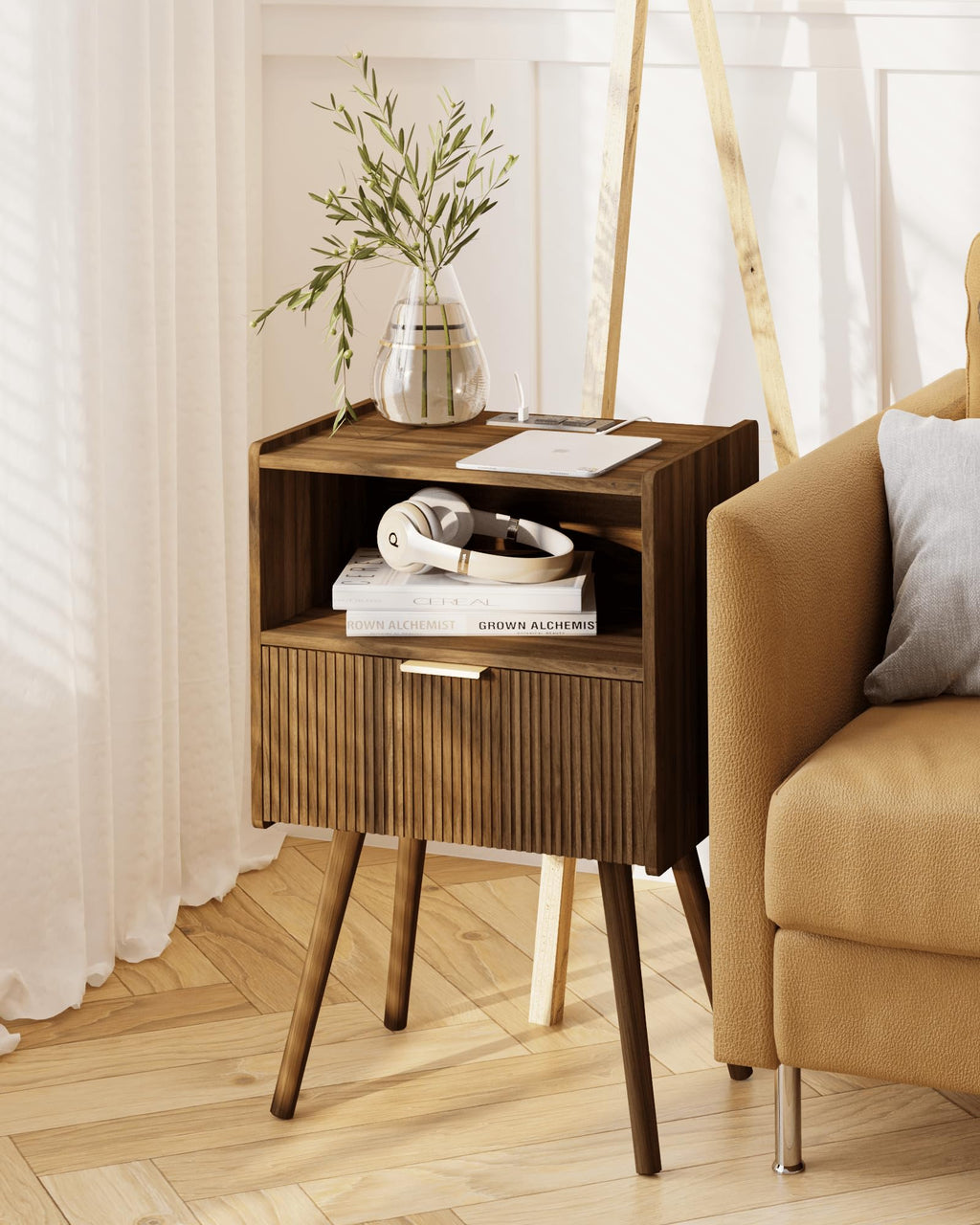 White Nightstand,Modern Bedside Table with Storage Drawer and Open Wood Shelf, for Living Room, Bedroom and Small Spaces, Accent Night Stand with Solid Wood Legs, Easy Assembly,Classic White