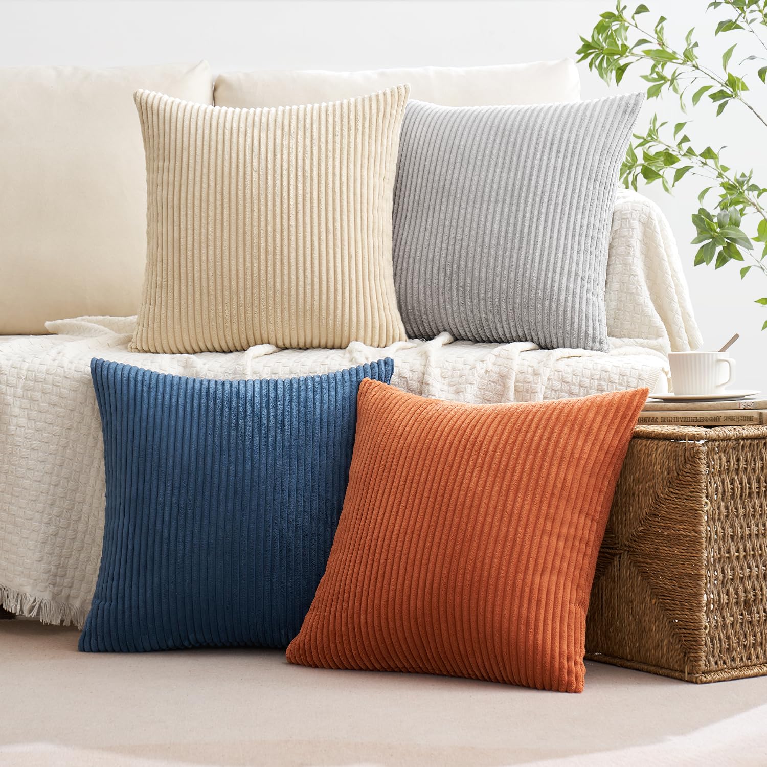 MIULEE Summer Boho Farmhouse Sage Green Throw Pillow Covers 18x18 Inch Set of 4 Mordern Nordic Cushion Covers Soft Corduroy Home Decor for Couch Bed Sofa Living Room Forest Green