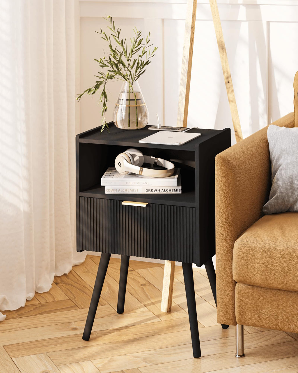 White Nightstand,Modern Bedside Table with Storage Drawer and Open Wood Shelf, for Living Room, Bedroom and Small Spaces, Accent Night Stand with Solid Wood Legs, Easy Assembly,Classic White