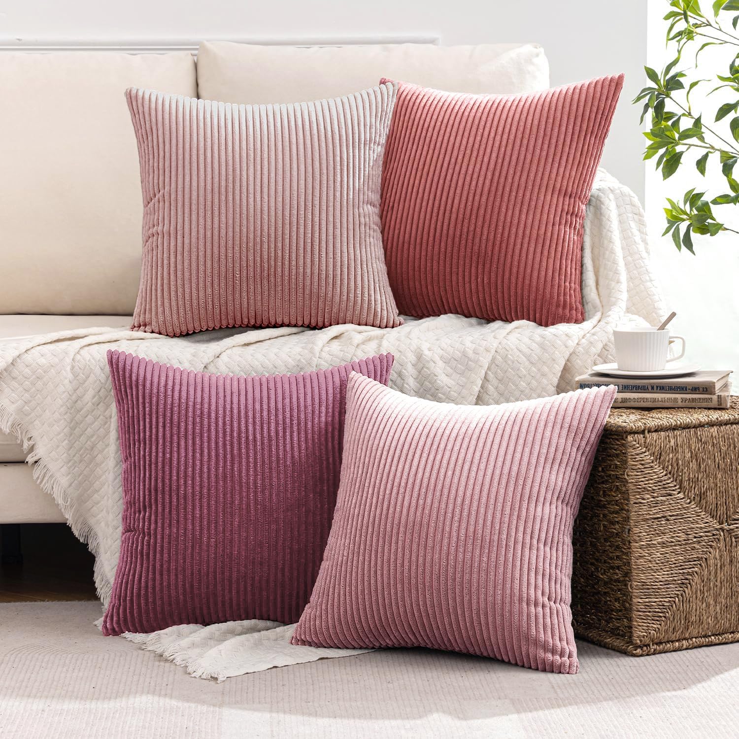 MIULEE Summer Boho Farmhouse Sage Green Throw Pillow Covers 18x18 Inch Set of 4 Mordern Nordic Cushion Covers Soft Corduroy Home Decor for Couch Bed Sofa Living Room Forest Green