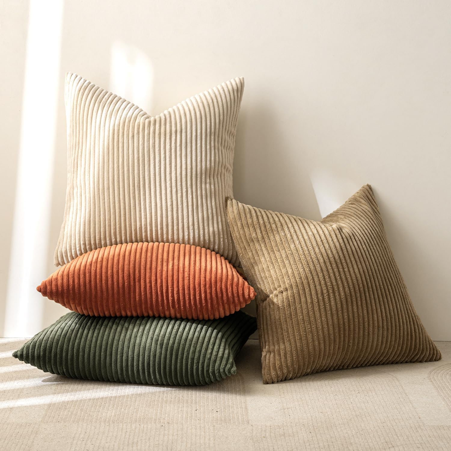 MIULEE Summer Boho Farmhouse Sage Green Throw Pillow Covers 18x18 Inch Set of 4 Mordern Nordic Cushion Covers Soft Corduroy Home Decor for Couch Bed Sofa Living Room Forest Green