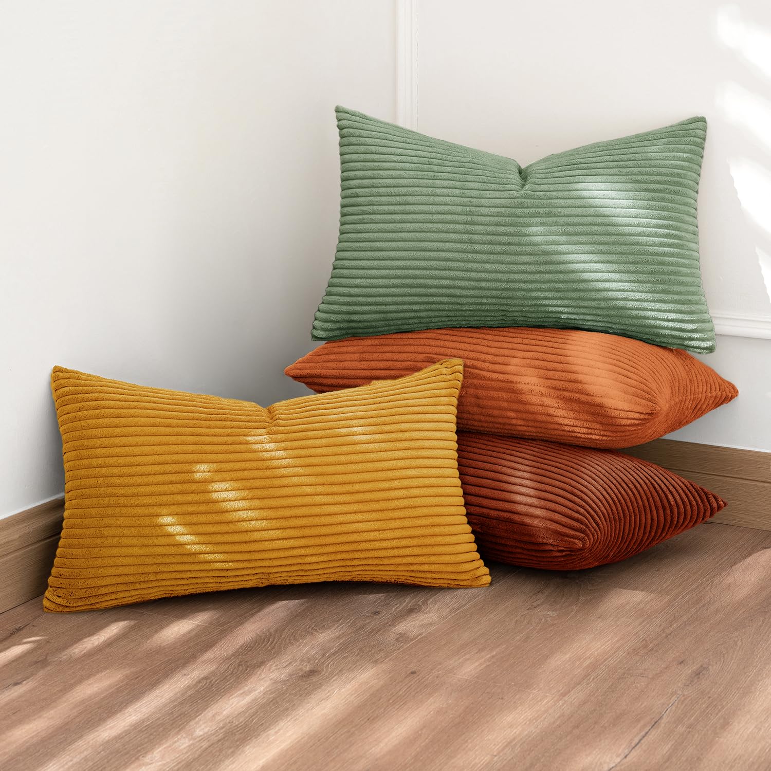 MIULEE Summer Boho Farmhouse Sage Green Throw Pillow Covers 18x18 Inch Set of 4 Mordern Nordic Cushion Covers Soft Corduroy Home Decor for Couch Bed Sofa Living Room Forest Green