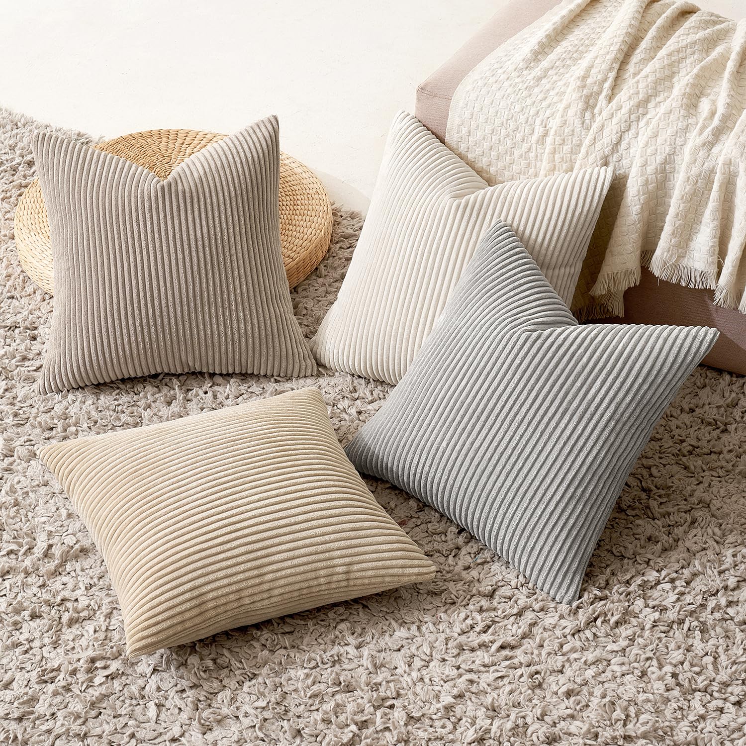 MIULEE Summer Boho Farmhouse Sage Green Throw Pillow Covers 18x18 Inch Set of 4 Mordern Nordic Cushion Covers Soft Corduroy Home Decor for Couch Bed Sofa Living Room Forest Green